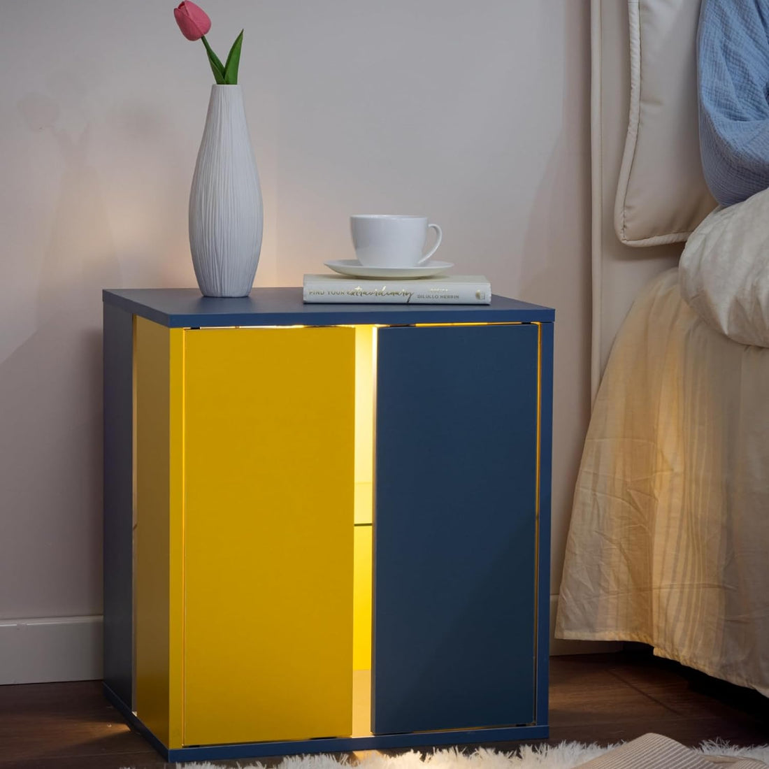 Bedside Tables With Led Farmhouse Gray Nightstand Tables With Glass Shelves Led End Table For Living Room Yellow & Blue Blue Yellow Bedroom Open Storage American Design,American Traditional,Art Deco,Casual,Classic Rosewood Easy Assembly Glass Engineered