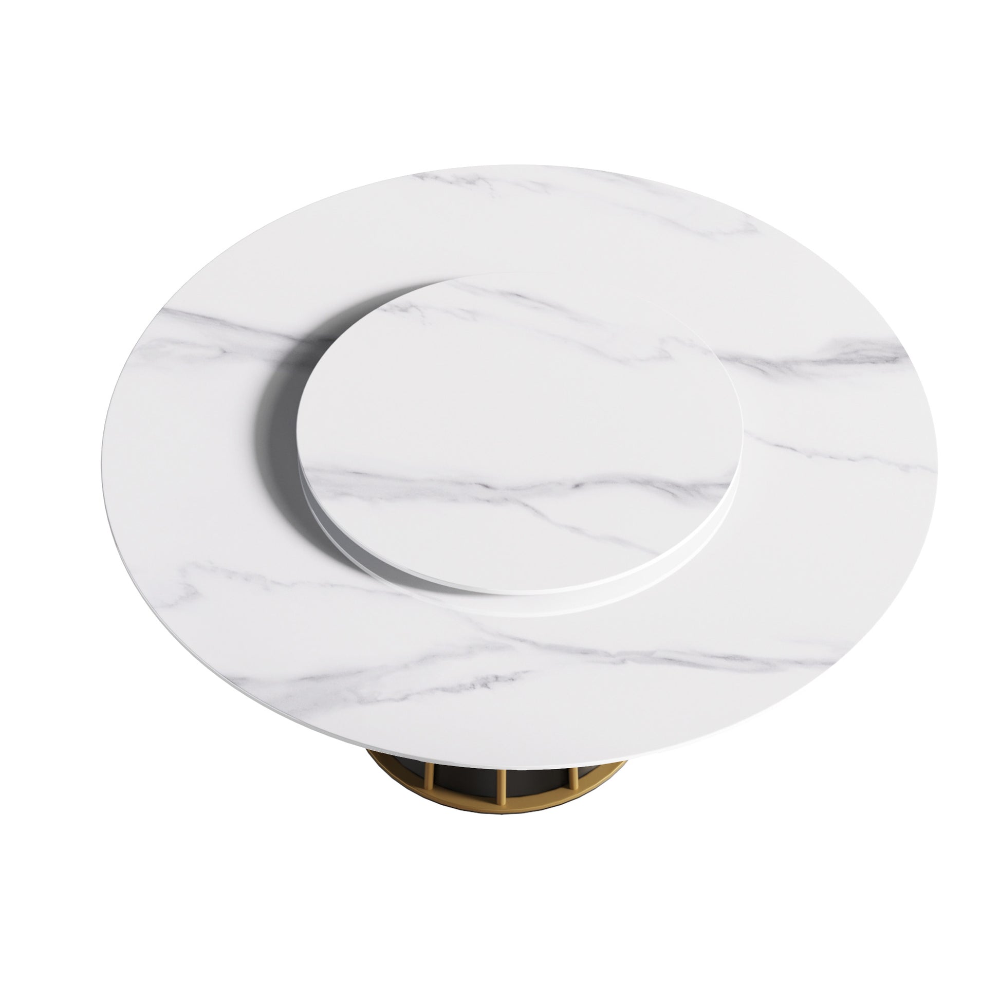 59.05"Modern Artificial Stone Round White Panel Metal Iron Base Dining Table Can Accommodate 8 People 31.5"White Artificial Stone Turntable Not Including Chairs White Dining Room Metal Sintered Stone