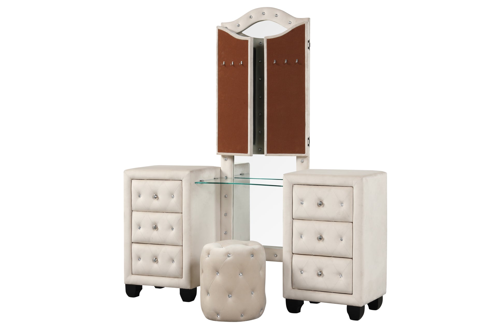 Sophia Crystal Tufted Full 4 Pc Vanity Bedroom Set Made With Wood In Cream Box Spring Not Required Full Cream Wood 4 Piece Set Bedroom Contemporary,Modern Upholstered Velvet Tufted Wood