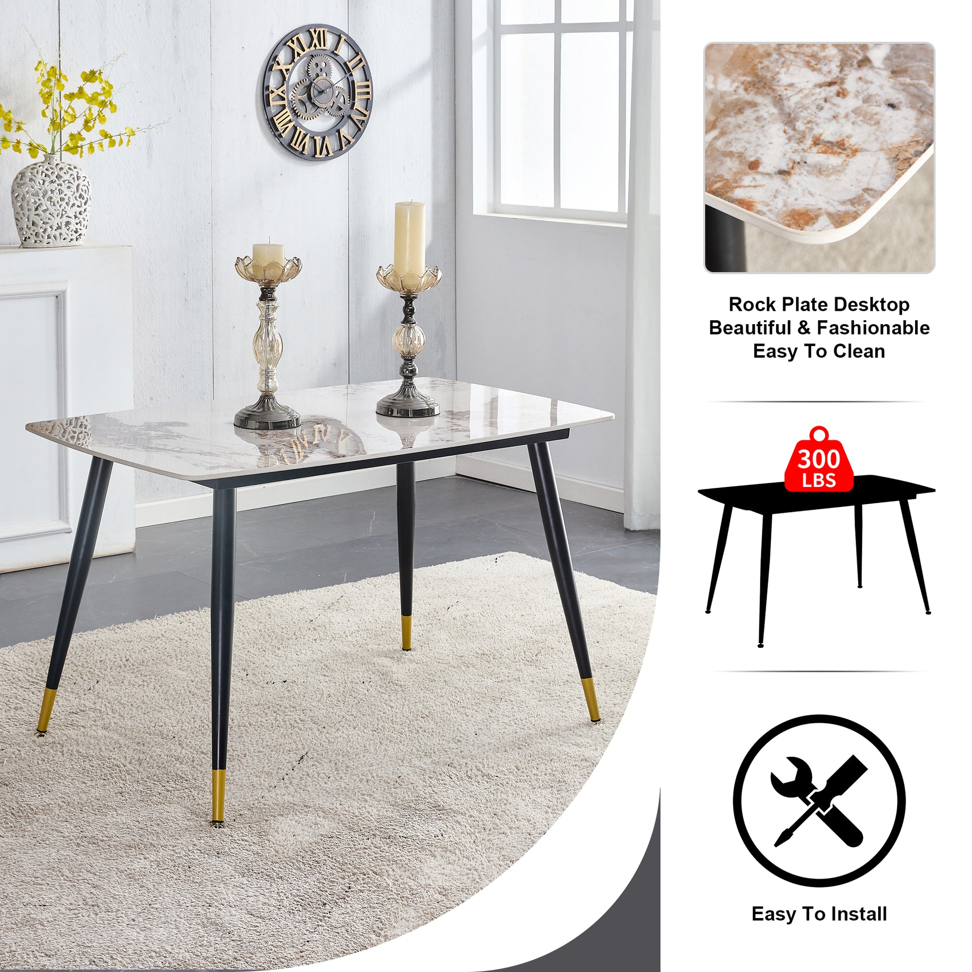 Table And Chair Set. Patterned Stone Burning Tabletop With Black Metal Legs. The Chair With Black Pu Artificial Leather Backrest Cushion And Black Metal Legs. 1 Table And 4 Chairs. 001 007 White Sintered Stone