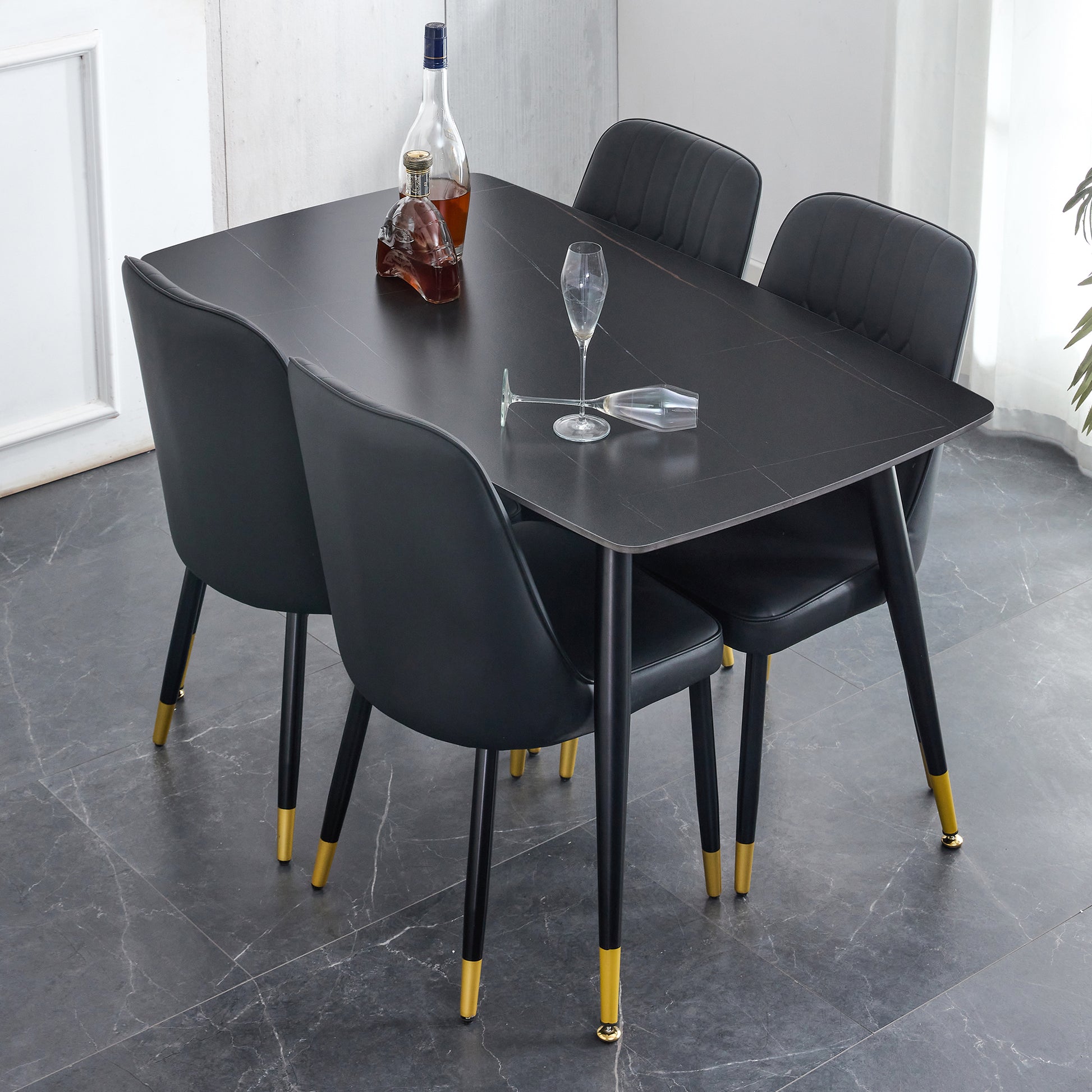 Table And Chair Set. Black Sintered Stone Tabletop With Black Metal Legs.Black Pu Leather Backrest And Black Metal Leg Chair. 1 Table And 4 Chairs F 001 C 007 Black Sintered Stone