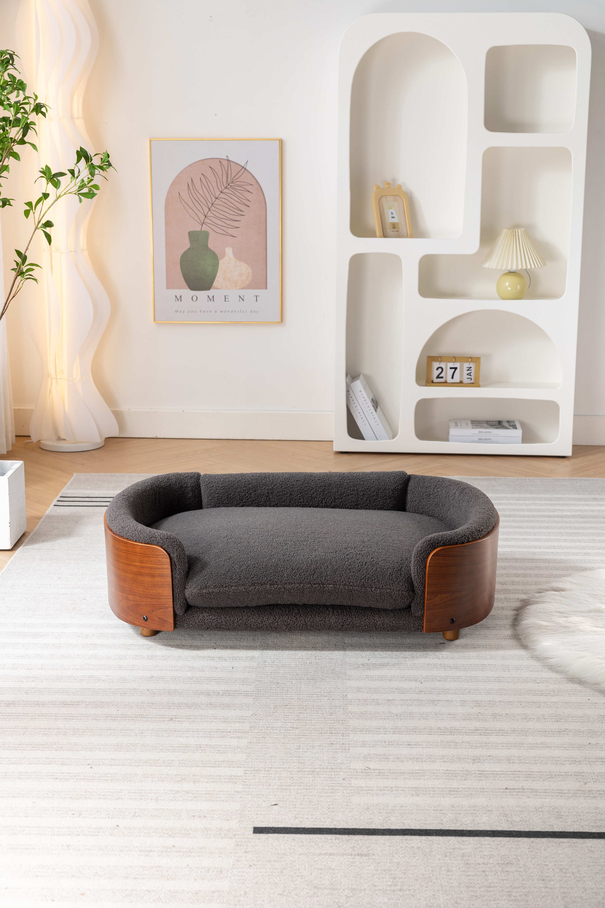 Scandinavian Style Elevated Dog Bed Pet Sofa With Solid Wood Legs And Walnut Bent Wood Back, Cashmere Cushion,Large Size Dark Gray Foam Solid Wood