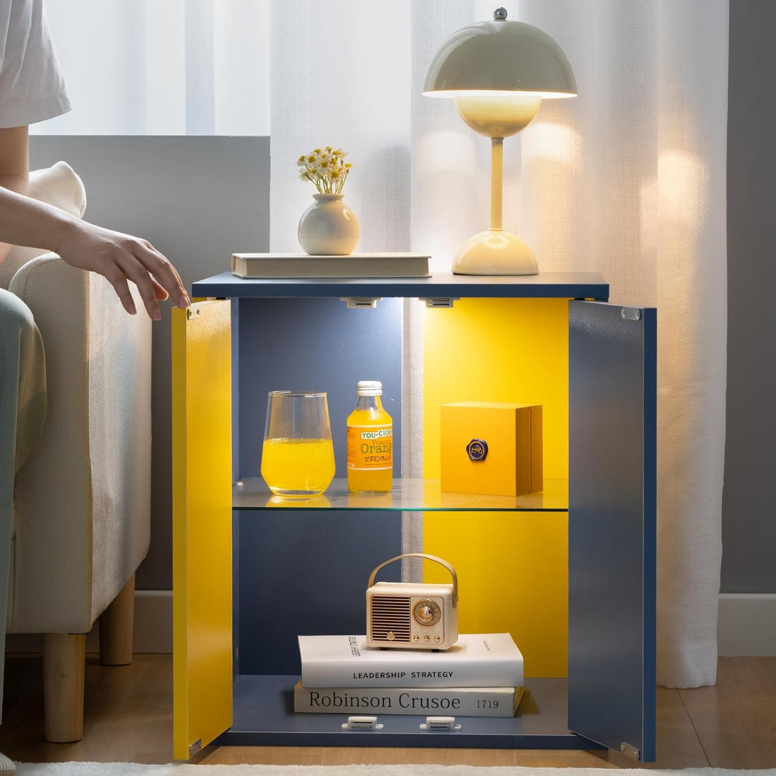 Bedside Tables With Led Farmhouse Gray Nightstand Tables With Glass Shelves Led End Table For Living Room Yellow & Blue Blue Yellow Bedroom Open Storage American Design,American Traditional,Art Deco,Casual,Classic Rosewood Easy Assembly Glass Engineered