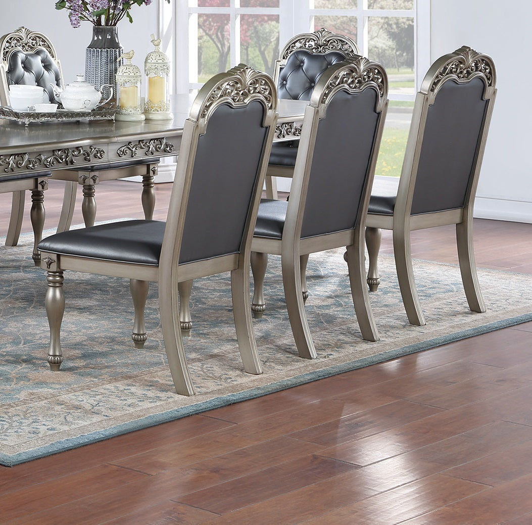 Traditional Silver Grey Finish 9Pc Dining Set Table W 2X Arm Chairs 6X Side Chairs Rubber Wood Intricate Design Tufted Back Cushion Seat Dining Room Furniture Gray Wood Dining Room Extendable Rubberwood Rectangular Dining Table With Chair Upholstered