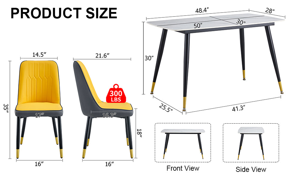 Table And Chair Set. White Imitation Marble Patterned Burnt Stone Tabletop With Black Metal Legs. Orange Deep Gray Dual Tone Pu Leather Backrest And Black Metal Leg Chair. 1 Table And 4 Chairs 001 007 White Sintered Stone