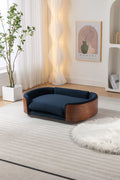 Scandinavian Style Elevated Dog Bed Pet Sofa With Solid Wood Legs And Walnut Bent Wood Back, Cashmere Cushion,Large Size Dark Blue Foam Solid Wood