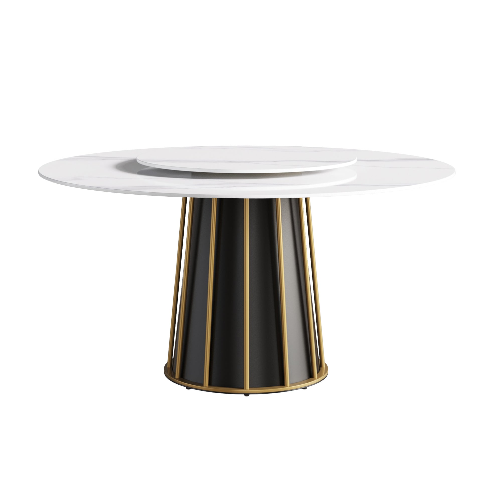 59.05"Modern Artificial Stone Round White Panel Metal Iron Base Dining Table Can Accommodate 8 People 31.5"White Artificial Stone Turntable Not Including Chairs White Dining Room Metal Sintered Stone