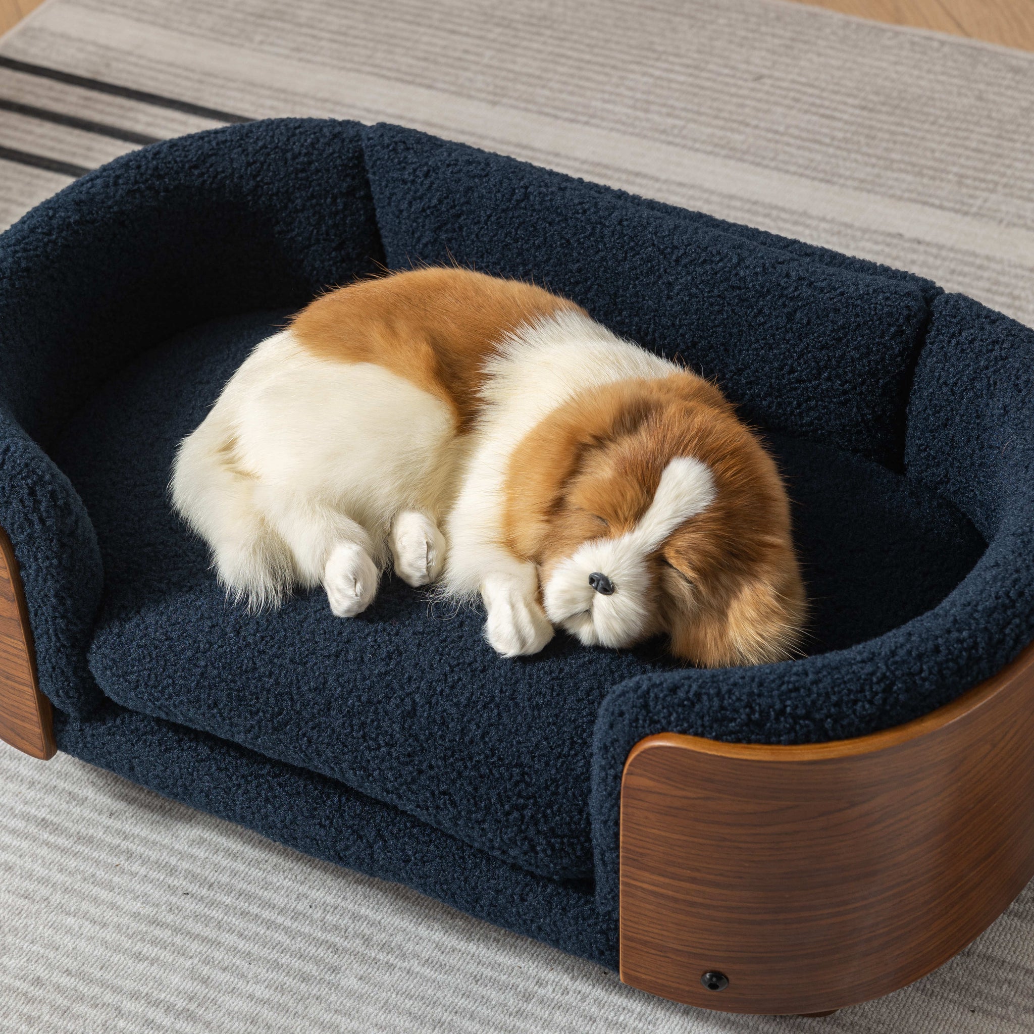 Scandinavian Style Elevated Dog Bed Pet Sofa With Solid Wood Legs And Walnut Bent Wood Back, Cashmere Cushion,Small Size Dark Blue Foam Solid Wood