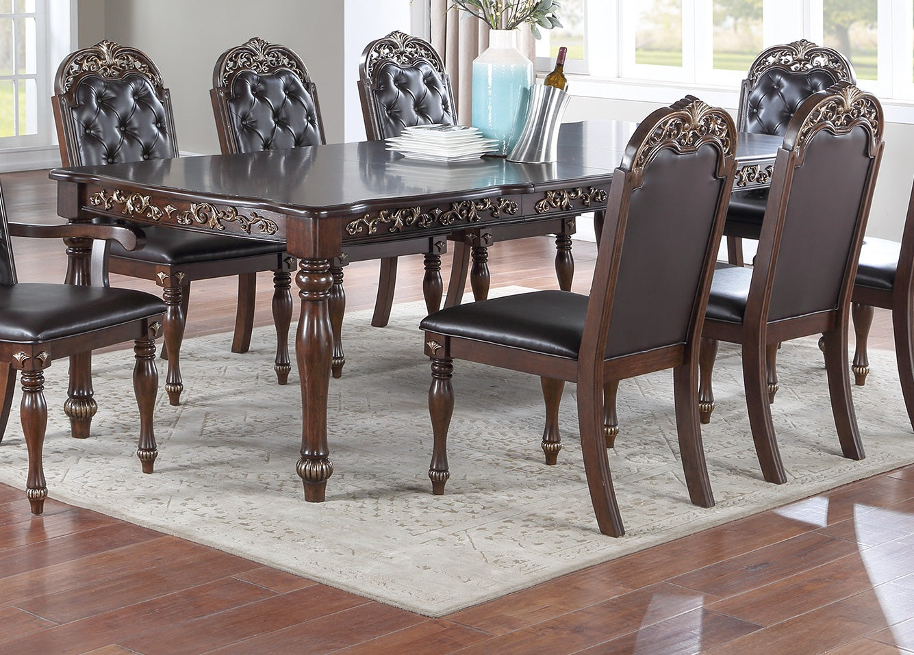 Traditional Brown Finish 9Pc Dining Set Table W 2X Arm Chairs 6X Side Chairs Rubber Wood Intricate Design Tufted Back Cushion Seat Dining Room Furniture Brown Wood Dining Room Extendable Rubberwood Rectangular Dining Table With Chair Upholstered Chair