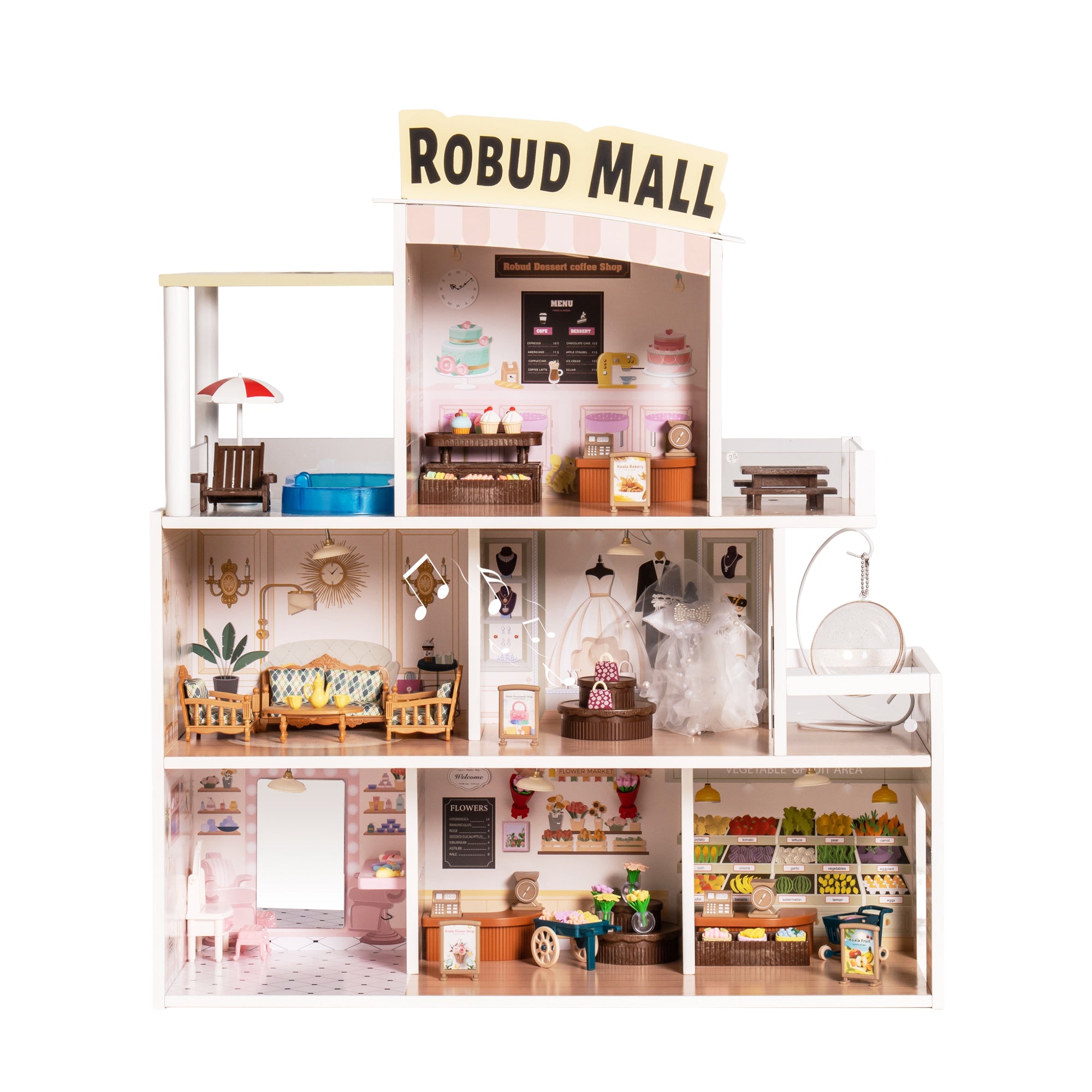 Wooden Shopping Mall Dollhouse, Pretend Playset