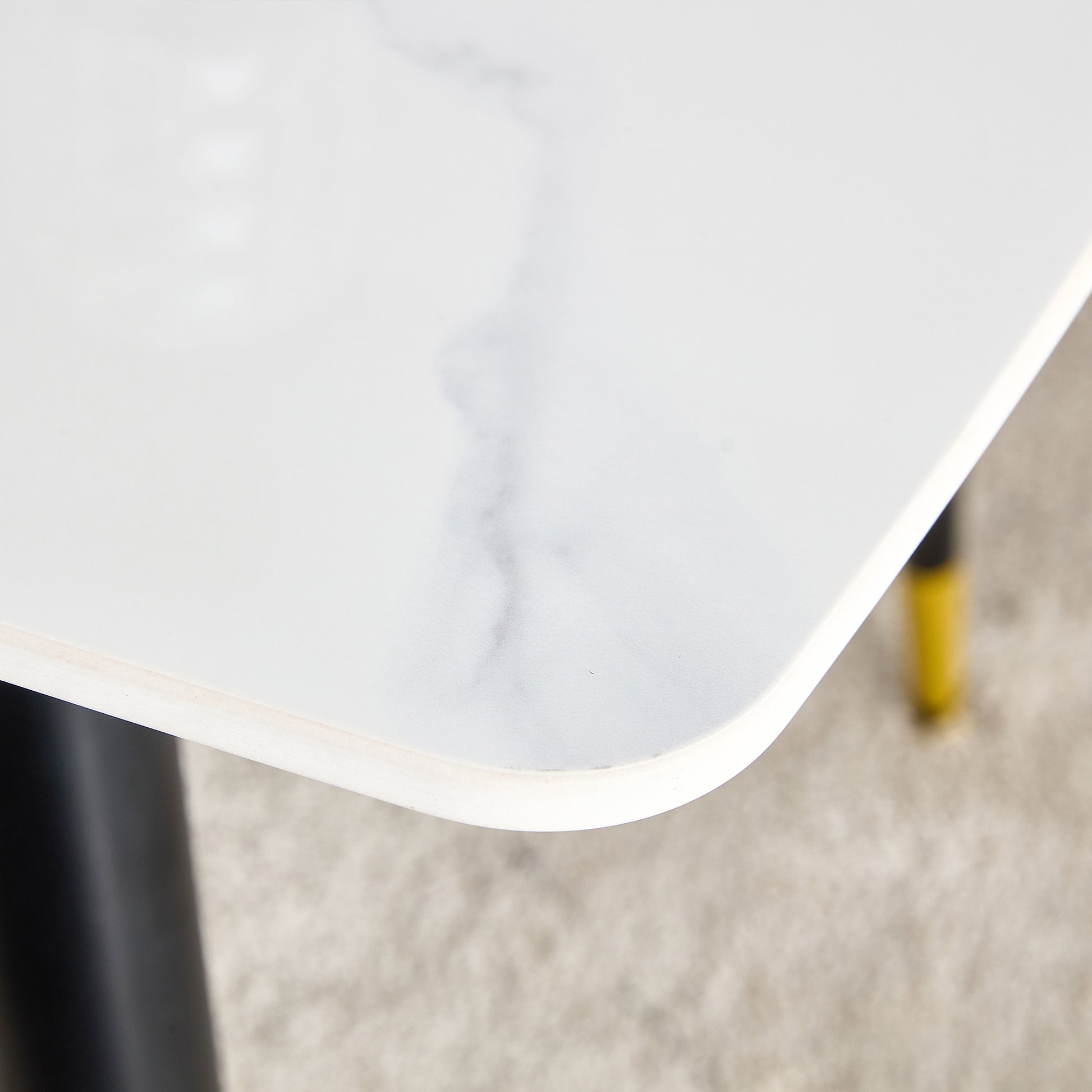 Table And Chair Set. White Imitation Marble Patterned Burnt Stone Tabletop With Black Metal Legs. Orange Deep Gray Dual Tone Pu Leather Backrest And Black Metal Leg Chair. 1 Table And 4 Chairs 001 007 White Sintered Stone