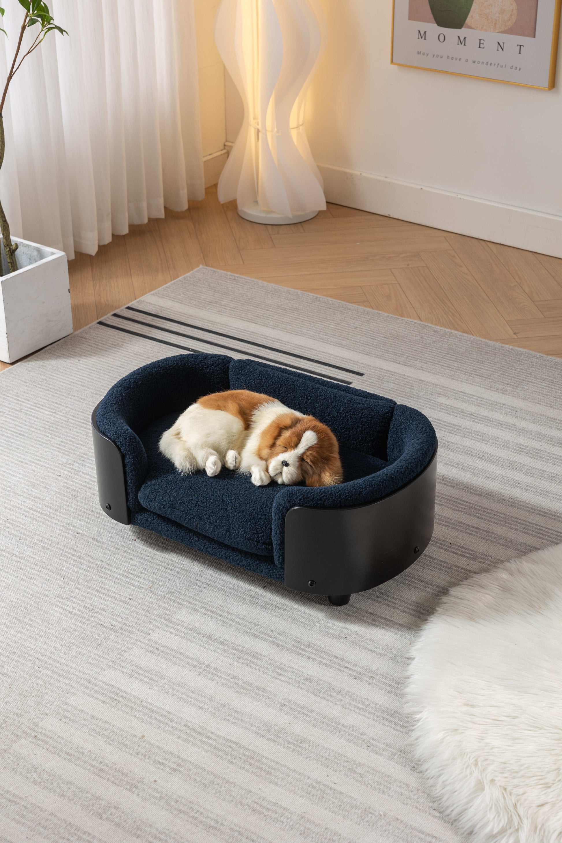 Scandinavian Style Elevated Dog Bed Pet Sofa With Solid Wood Legs And Black Bent Wood Back, Cashmere Cushion,Small Size Dark Blue Foam Solid Wood