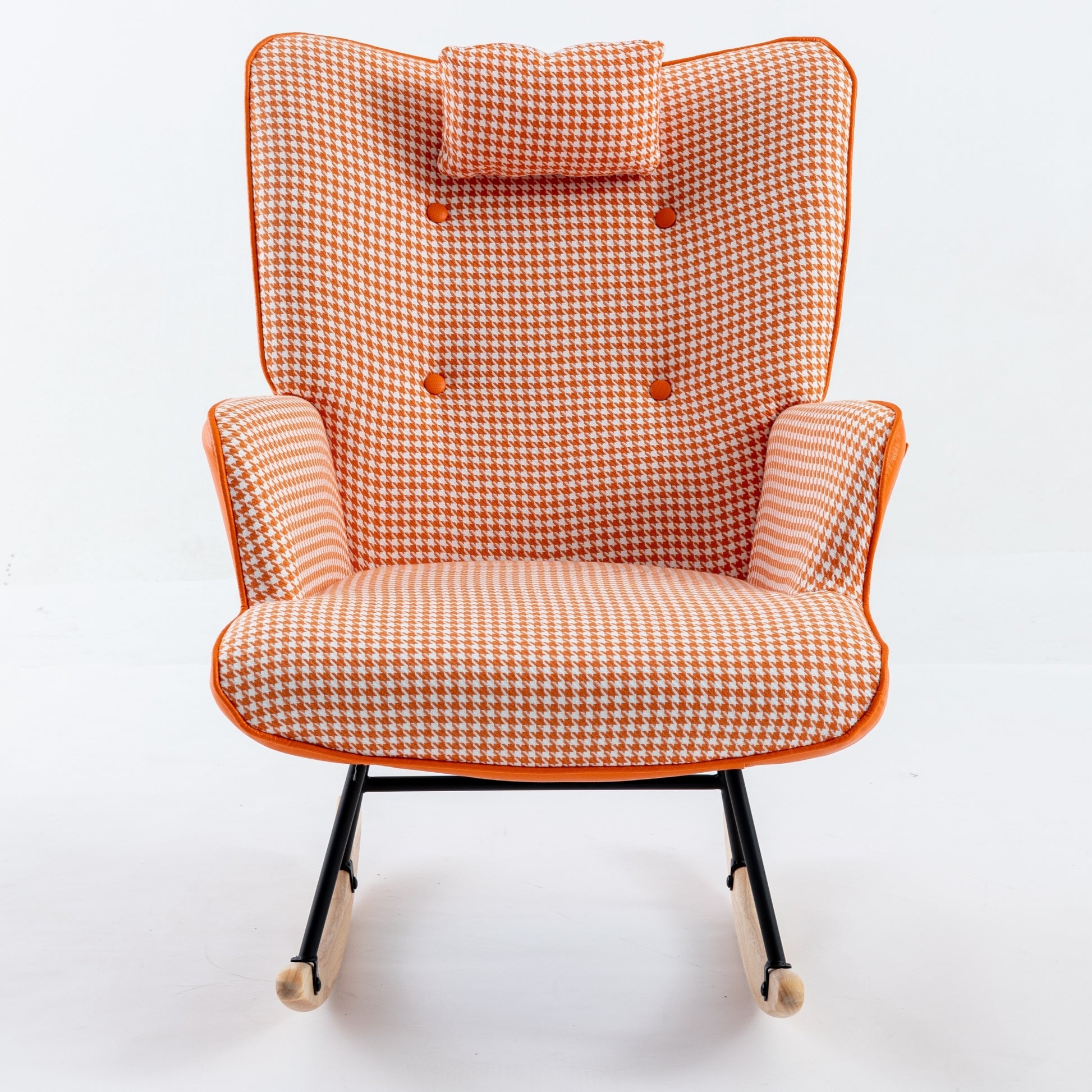 35.5 Inch Rocking Chair, Soft Houndstooth Fabric Leather Fabric Rocking Chair For Nursery, Comfy Wingback Glider Rocker With Safe Solid Wood Base For Living Room Bedroom Balcony Orange Orange Casual Foam Cotton Linen