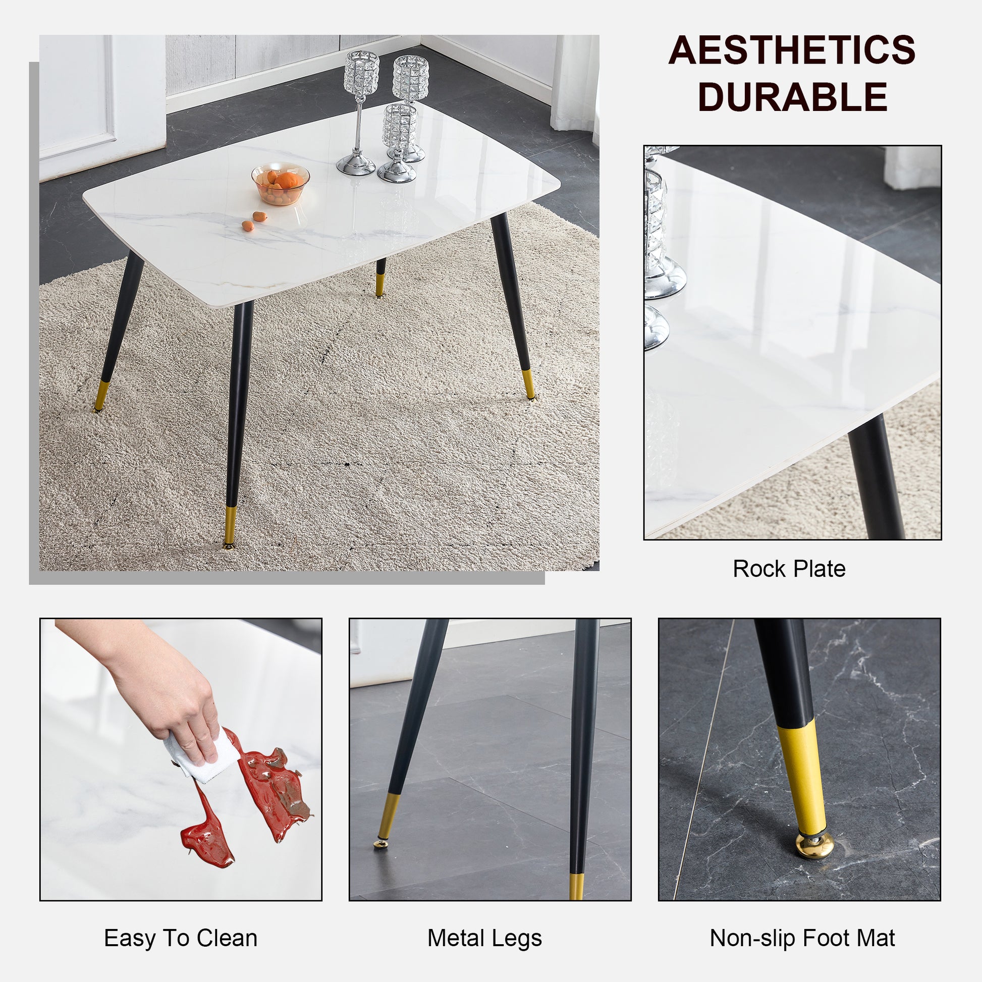 Table And Chair Set. White Imitation Marble Patterned Burnt Stone Tabletop With Black Metal Legs. Orange Deep Gray Dual Tone Pu Leather Backrest And Black Metal Leg Chair. 1 Table And 4 Chairs 001 007 White Sintered Stone