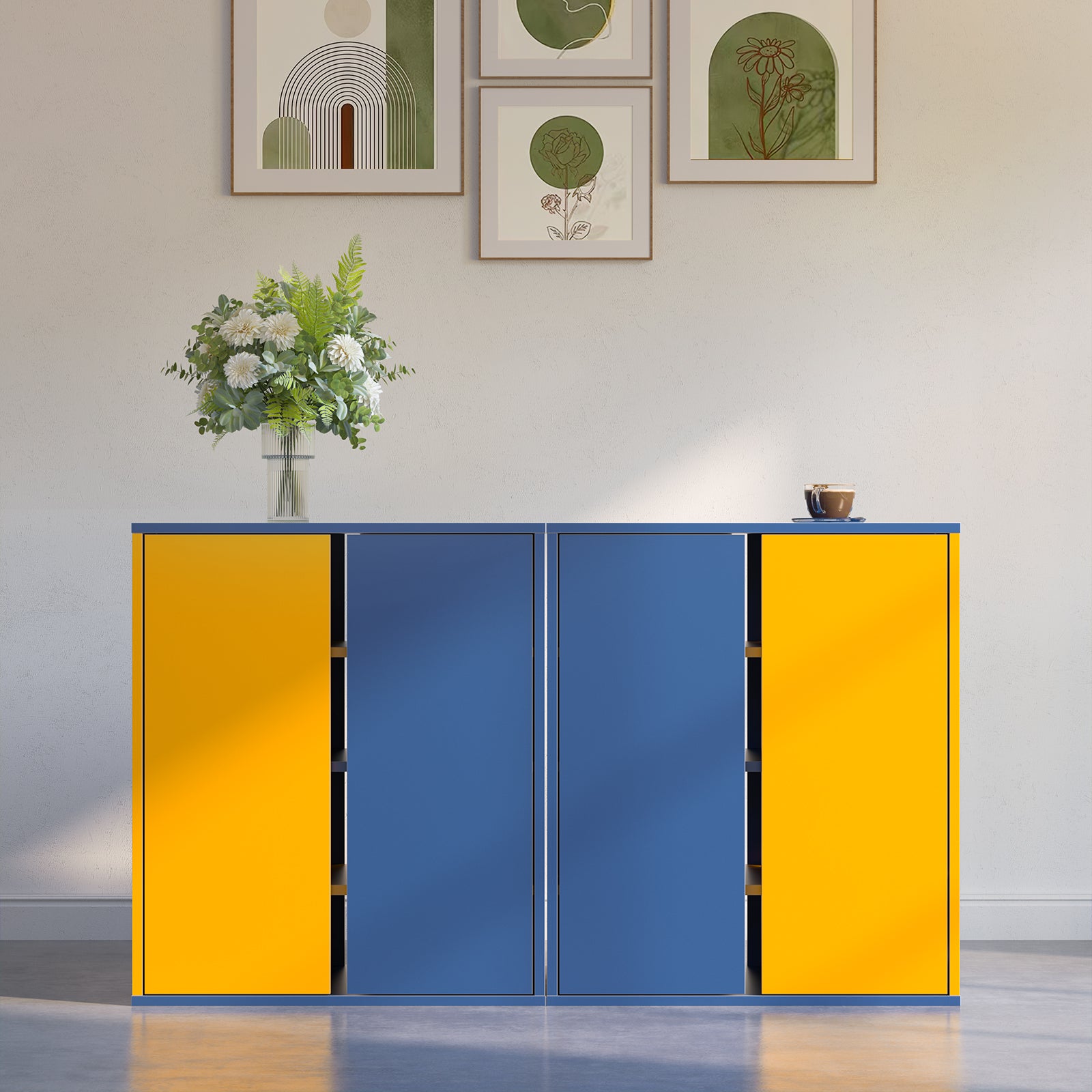 Storage Cabinet Modern Coffee Bar Cabinet Large Capacity Storage Cabinet With 3 Adjustable Shelves For Living Room, Yellow & Blue Blue Yellow Modern Engineered Wood