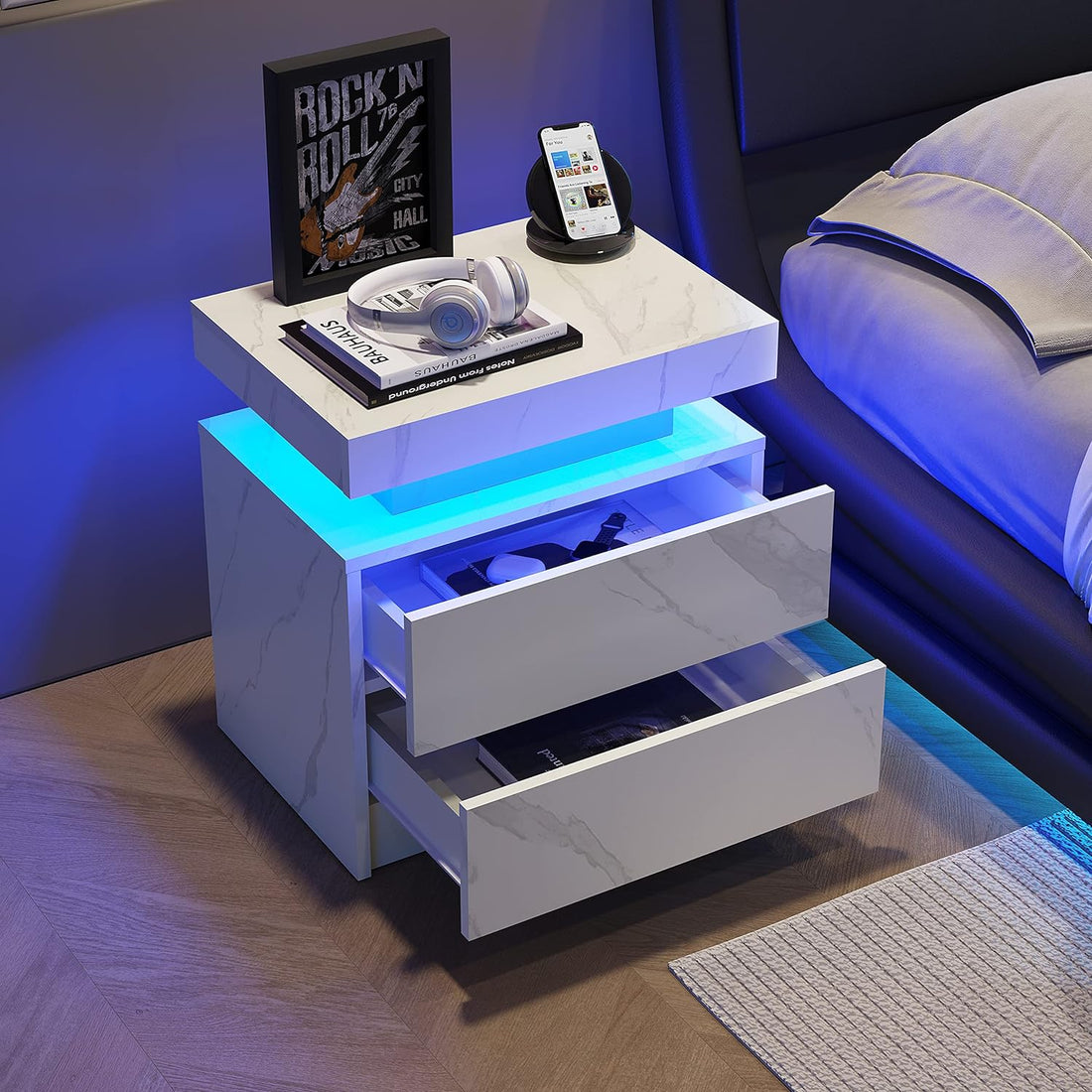 Nightstand Led Bedside Table Cabinet Lights Modern End Side With 2 Drawers For Bedroom White Stone Matte White 2 Drawers Bedroom Drawer Storage American Design,American Traditional,Boho,Casual,Classic Drawers Wood Engineered Wood