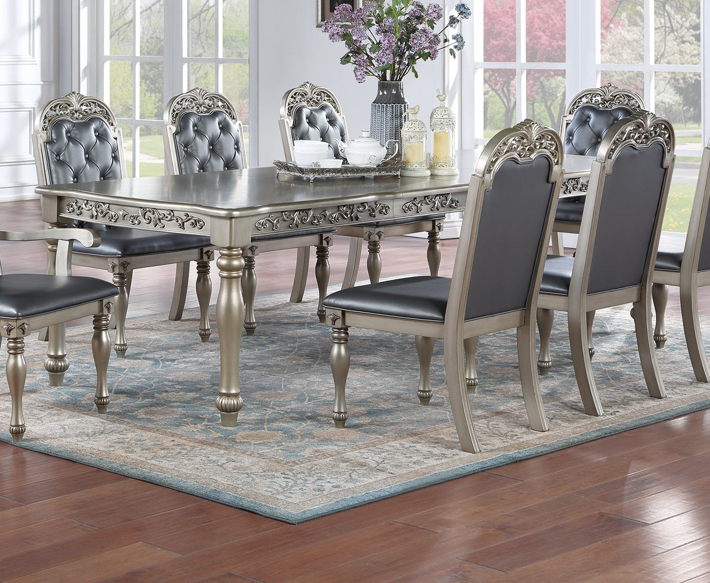 Traditional Silver Grey Finish 9pc Dining Set Table w gray-wood-dining