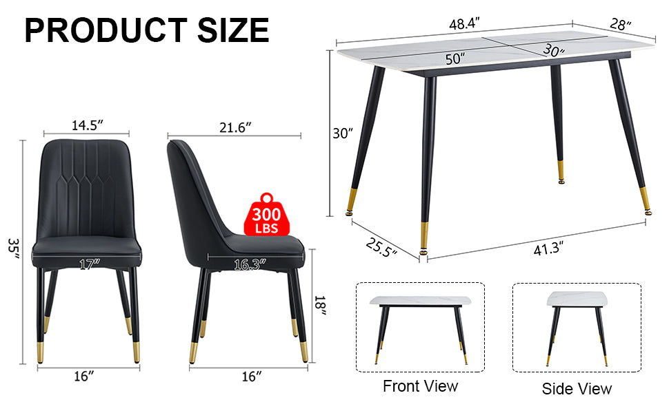 Table And Chair Set. White Imitation Marble Stone Tabletop With Black Metal Legs. Black Pu Leather Backrest And Black Metal Leg Chair. 1 Table And 4 Chairs F 001 C 007 White Sintered Stone