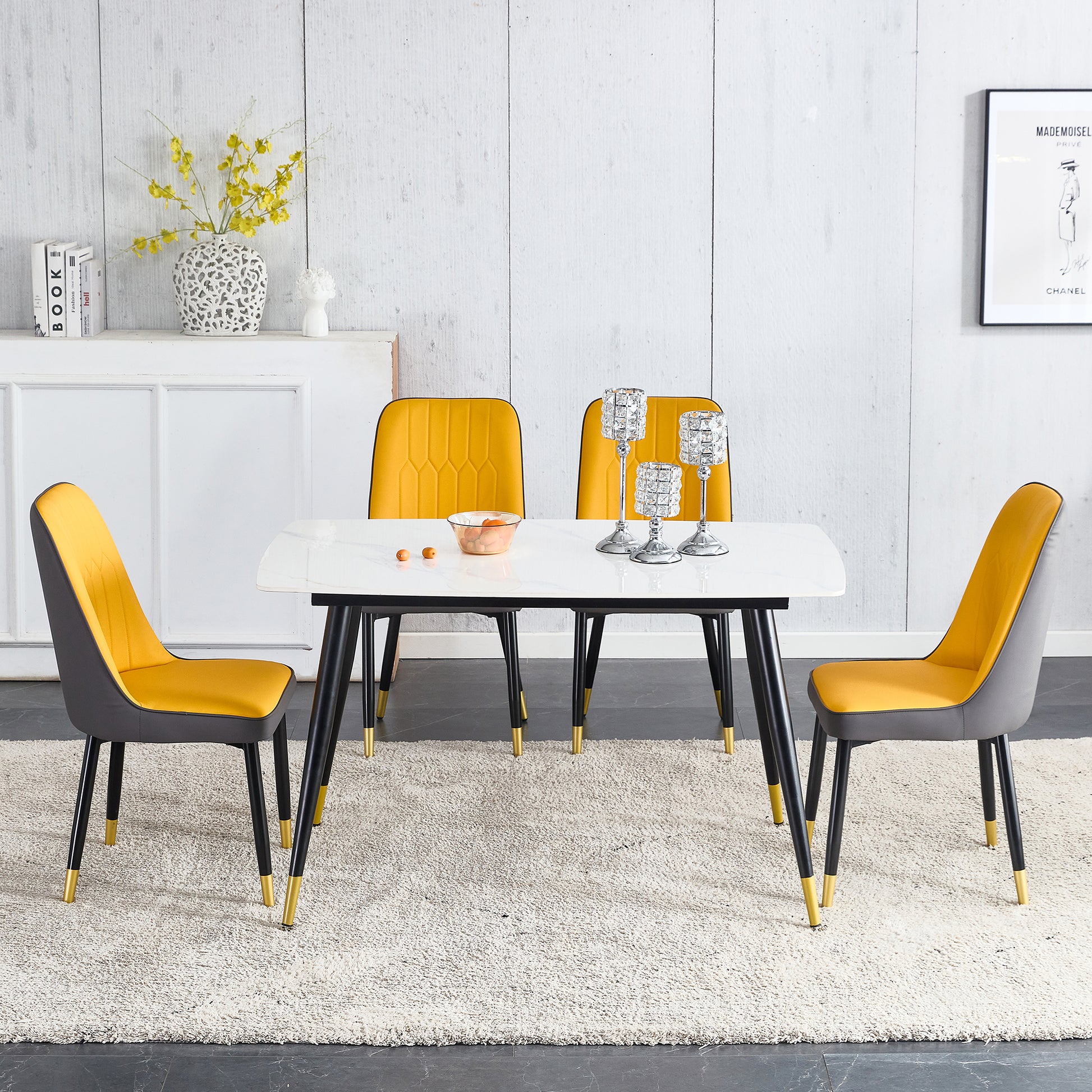 Table And Chair Set. White Imitation Marble Patterned Burnt Stone Tabletop With Black Metal Legs. Orange Deep Gray Dual Tone Pu Leather Backrest And Black Metal Leg Chair. 1 Table And 4 Chairs 001 007 White Sintered Stone