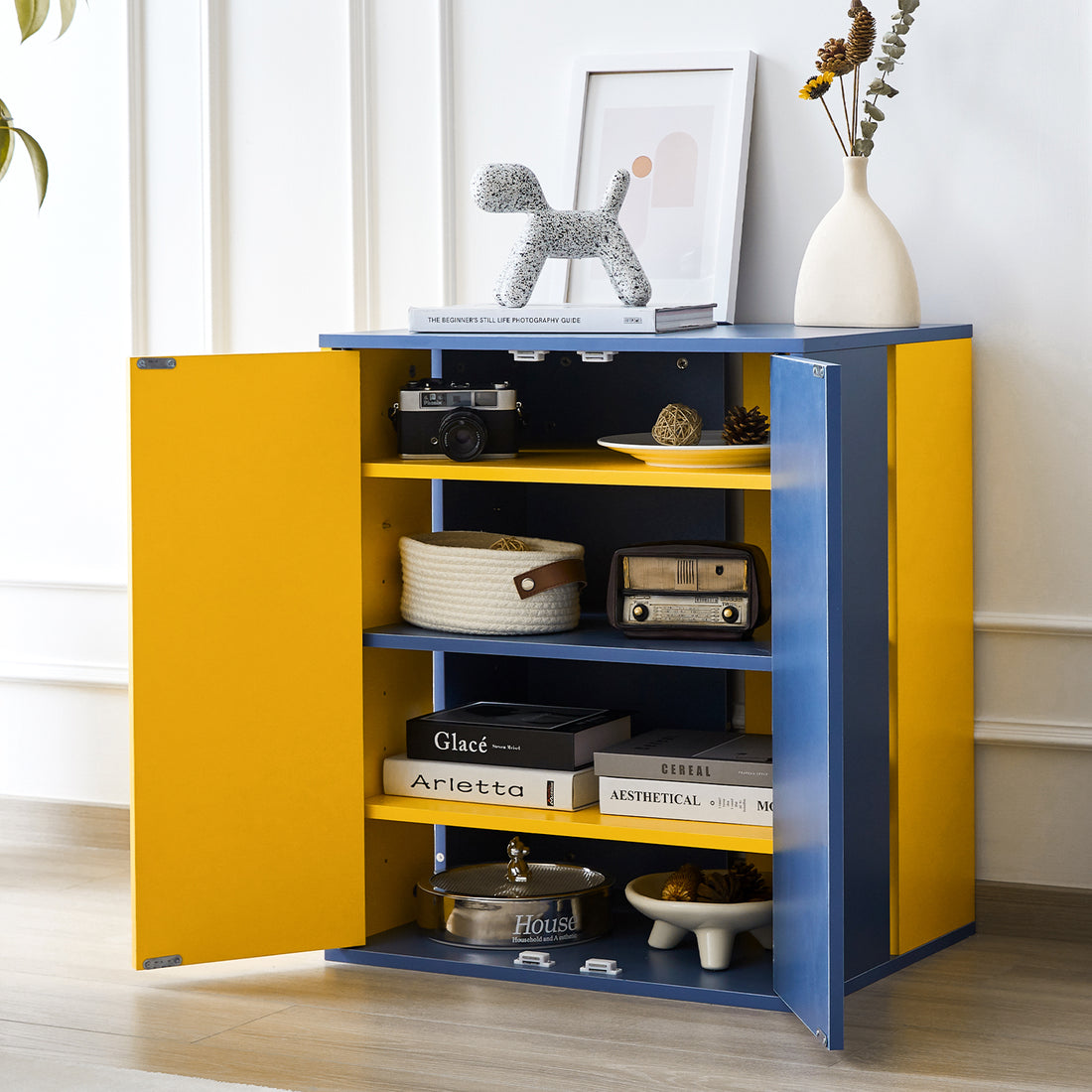 Storage Cabinet Modern Coffee Bar Cabinet Large Capacity Storage Cabinet With 3 Adjustable Shelves For Living Room, Yellow & Blue Blue Yellow Modern Engineered Wood