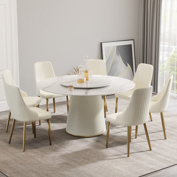 59.05 "Modern White Artificial Stone Round Beige Plywood Pu Base Dining Table Can Accommodate 8 People 31.5"White Artificial Stone Turntable Not Including Chairs. White Dining Room Plywood Sintered Stone