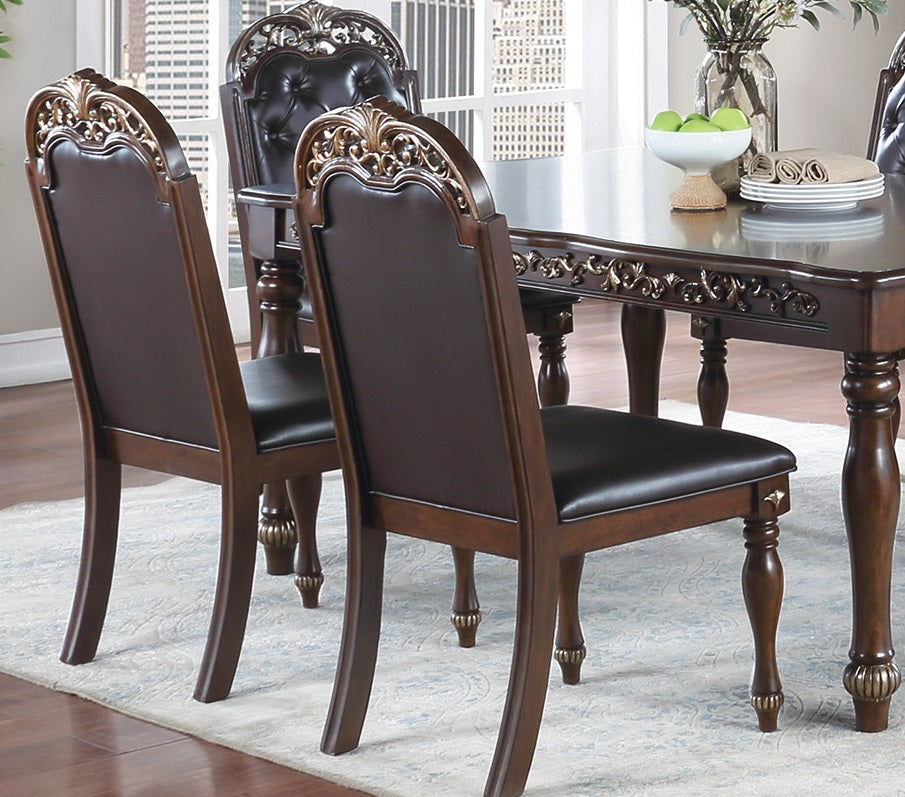 Traditional Formal Brown Finish 7Pc Dining Set Table W 6X Side Chairs Rubber Wood Intricate Design Tufted Back Cushion Seat Dining Room Furniture Brown Wood Dining Room Rubberwood Rectangular Dining Table With Chair Upholstered Chair Wood Brown Seats 6