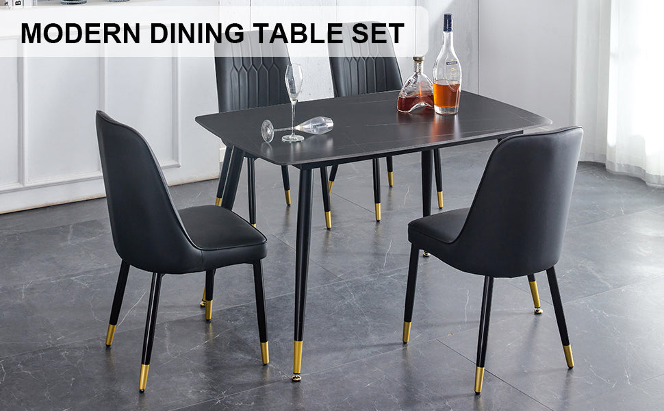 Table And Chair Set. Black Sintered Stone Tabletop With Black Metal Legs.Black Pu Leather Backrest And Black Metal Leg Chair. 1 Table And 4 Chairs F 001 C 007 Black Sintered Stone