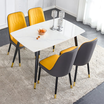 Table And Chair Set. White Imitation Marble Patterned Burnt Stone Tabletop With Black Metal Legs. Orange Deep Gray Dual Tone Pu Leather Backrest And Black Metal Leg Chair. 1 Table And 4 Chairs 001 007 White Sintered Stone