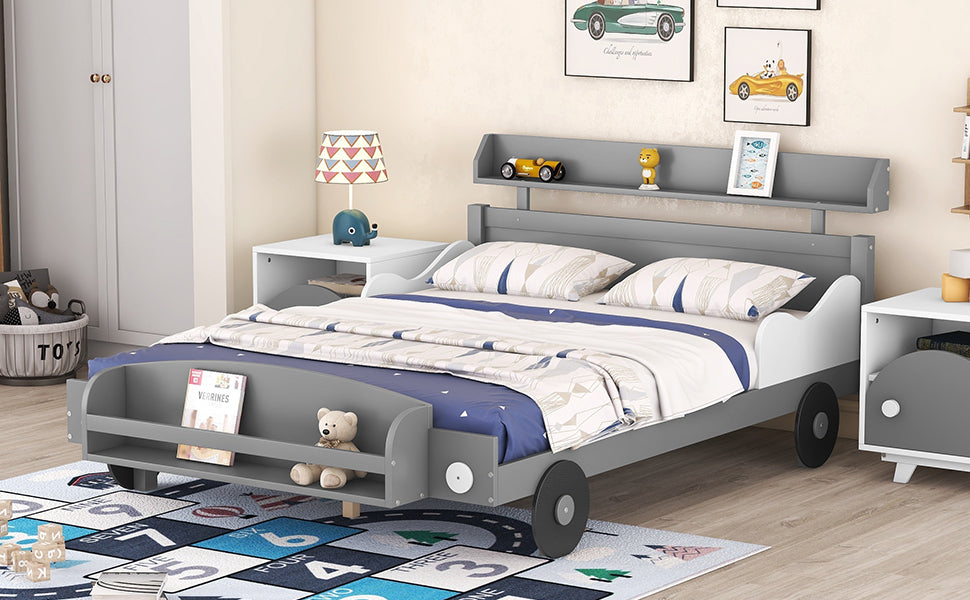 Full Size Car Shaped Platform Bed,Full Bed with gray-wood
