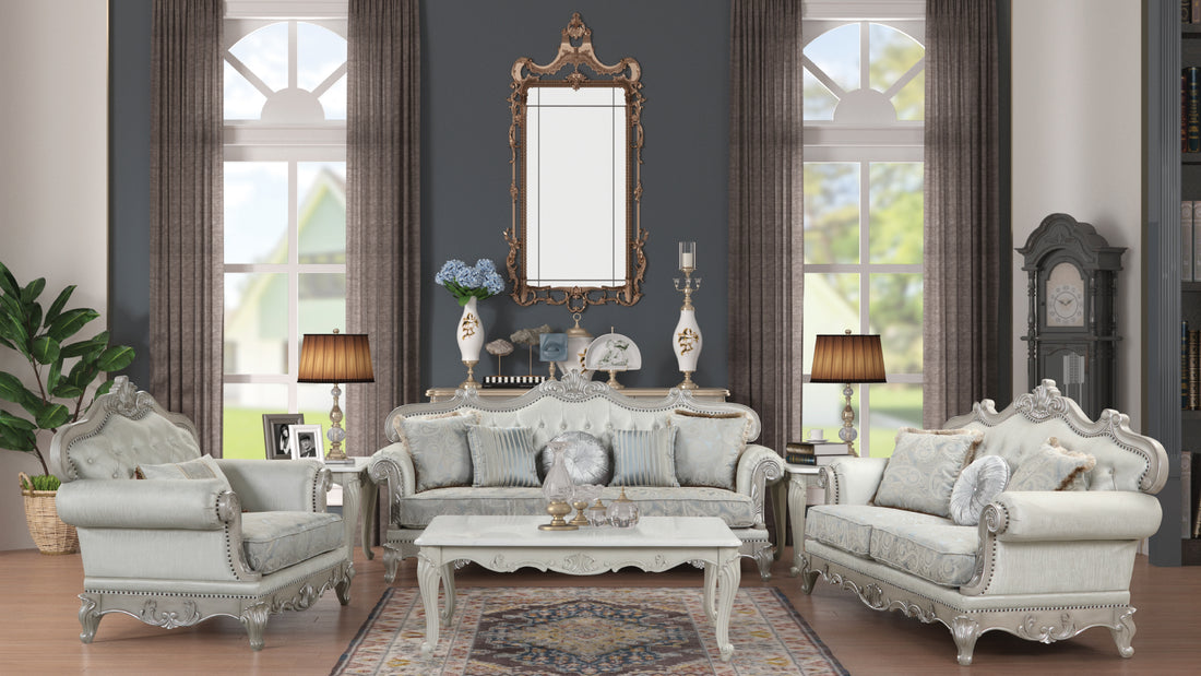 Tuscan Traditional Style 5Pc Living Room Set Made With Wood In Silver Silver Wood Primary Living Space Tufted Back Traditional Solid Wood Mdf Wood 6 Seat