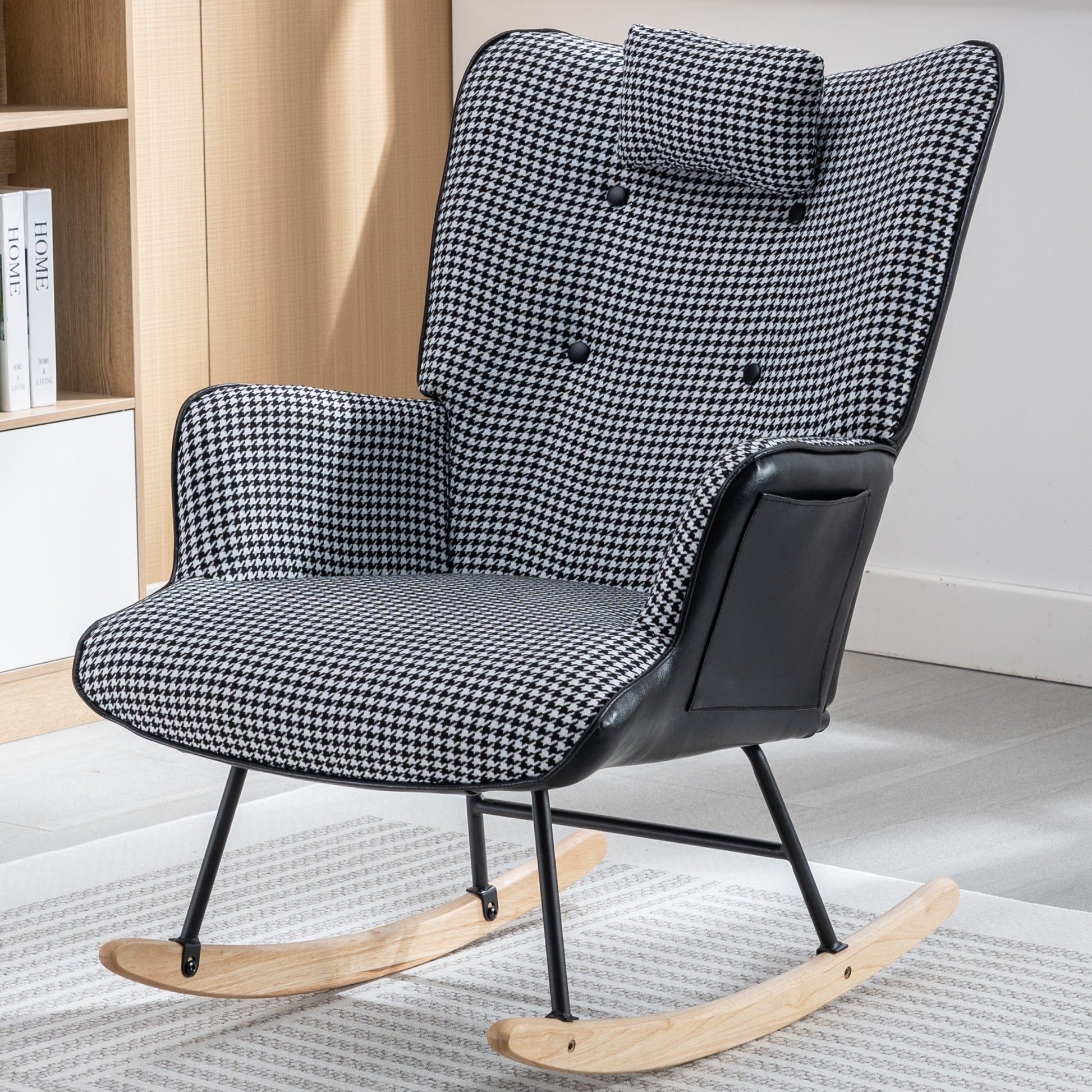 35.5 Inch Rocking Chair, Soft Houndstooth Fabric Leather Fabric Rocking Chair For Nursery, Comfy Wingback Glider Rocker With Safe Solid Wood Base For Living Room Bedroom Balcony Black Black White Casual Foam Cotton Linen