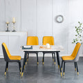 Table And Chair Set. Patterned Sintered Stone Tabletop With Black Metal Legs. Orange Yellow And Gray Dual Color Pu Backrest Cushion And Black Metal Leg Chair.1 Table And 4 Chair.001 007 White Sintered Stone