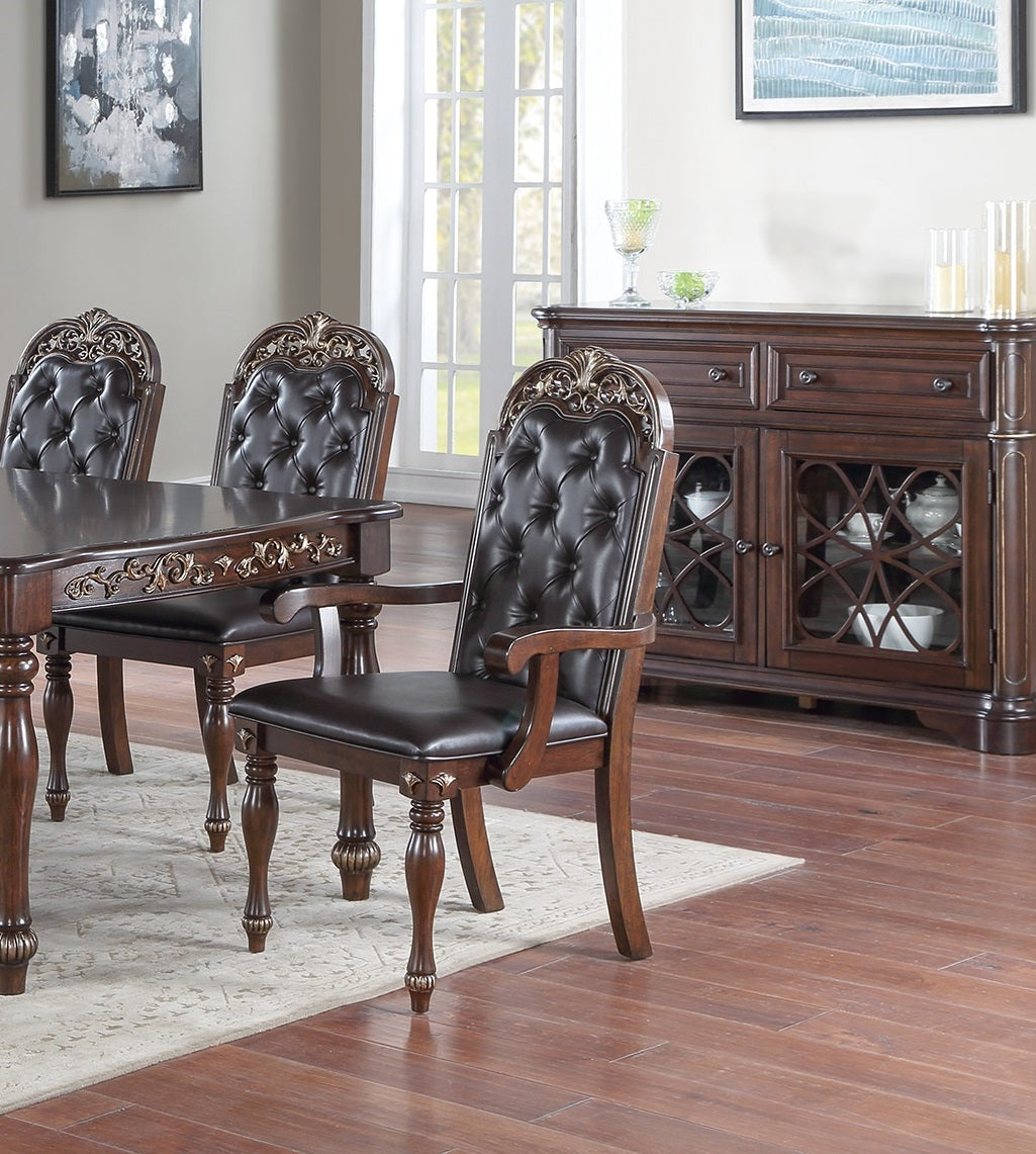 Traditional Brown Finish 9Pc Dining Set Table W 2X Arm Chairs 6X Side Chairs Rubber Wood Intricate Design Tufted Back Cushion Seat Dining Room Furniture Brown Wood Dining Room Extendable Rubberwood Rectangular Dining Table With Chair Upholstered Chair