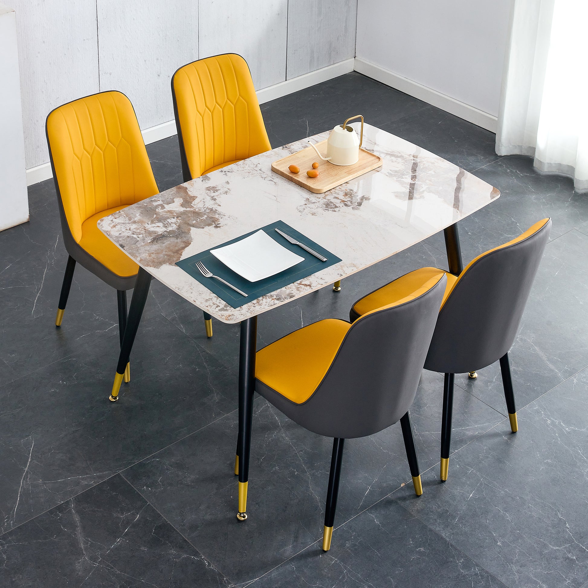 Table And Chair Set. Patterned Sintered Stone Tabletop With Black Metal Legs. Orange Yellow And Gray Dual Color Pu Backrest Cushion And Black Metal Leg Chair.1 Table And 4 Chair.001 007 White Sintered Stone