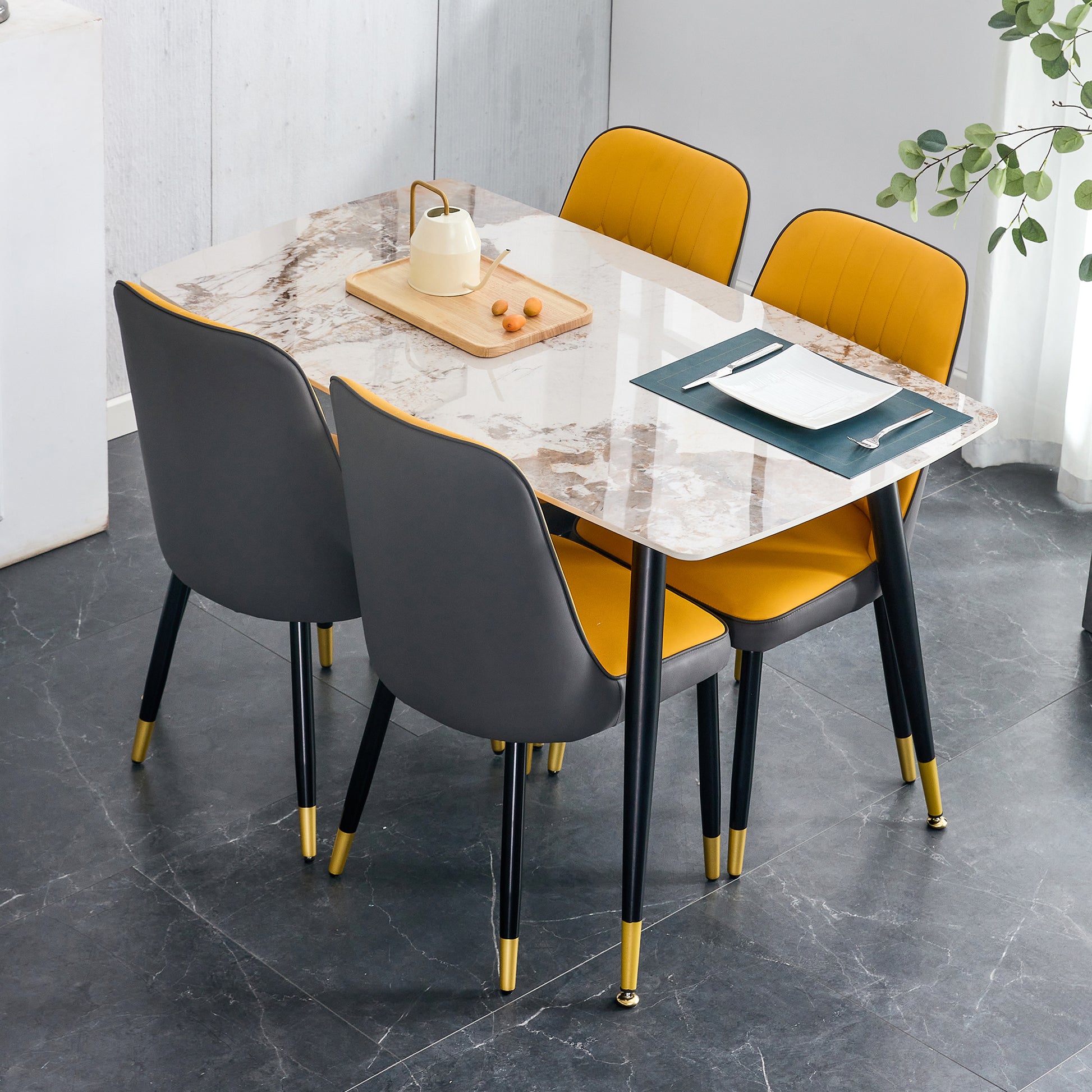 Table And Chair Set. Patterned Sintered Stone Tabletop With Black Metal Legs. Orange Yellow And Gray Dual Color Pu Backrest Cushion And Black Metal Leg Chair.1 Table And 4 Chair.001 007 White Sintered Stone