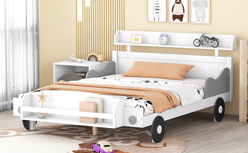 Full Size Car Shaped Platform Bed,Full Bed with white-wood