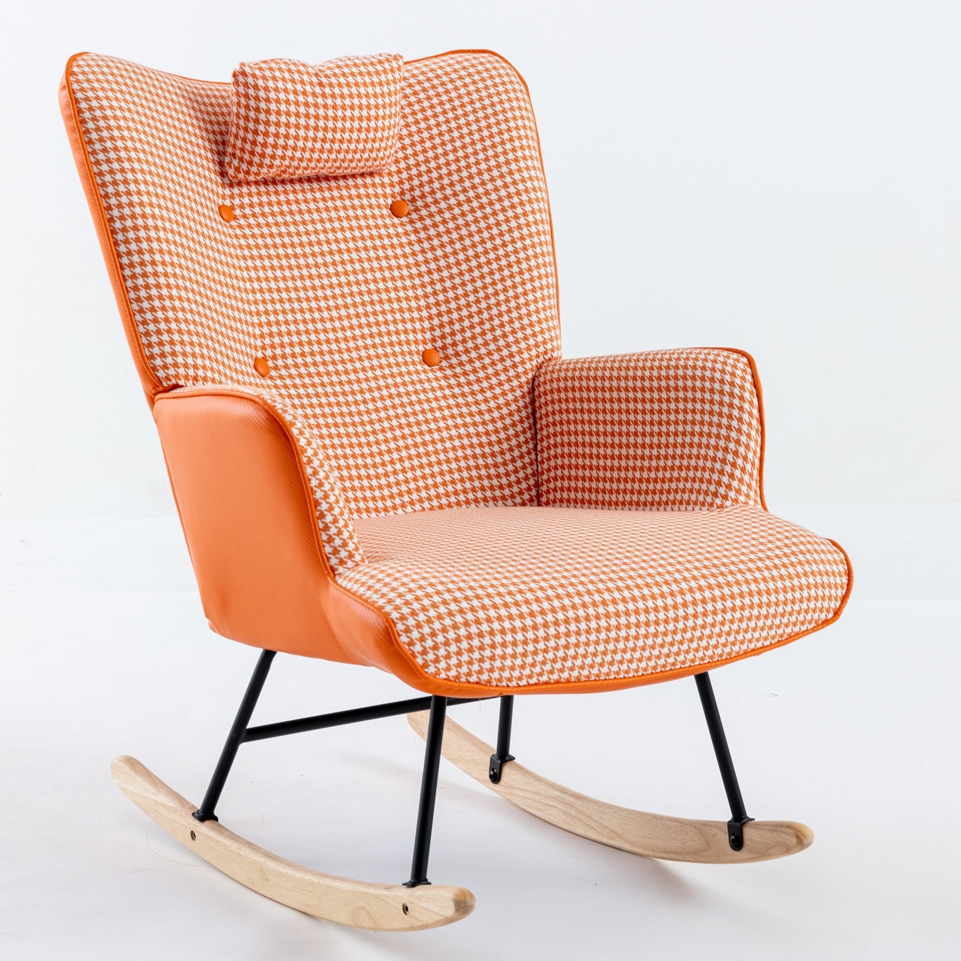 35.5 Inch Rocking Chair, Soft Houndstooth Fabric Leather Fabric Rocking Chair For Nursery, Comfy Wingback Glider Rocker With Safe Solid Wood Base For Living Room Bedroom Balcony Orange Orange Casual Foam Cotton Linen