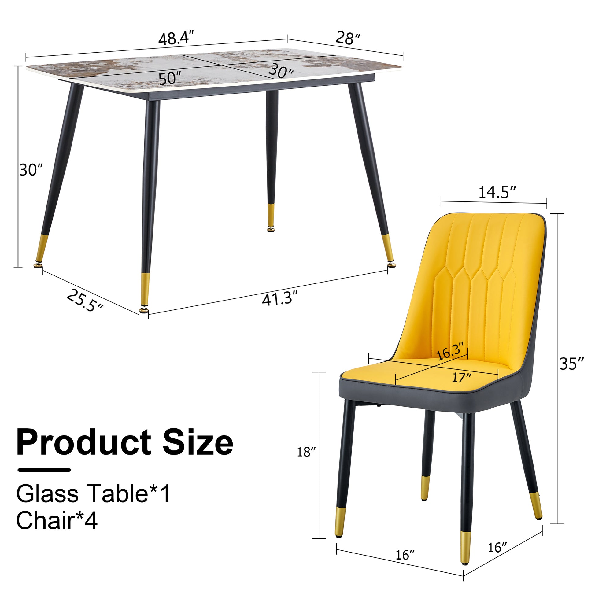 Table And Chair Set. Patterned Sintered Stone Tabletop With Black Metal Legs. Orange Yellow And Gray Dual Color Pu Backrest Cushion And Black Metal Leg Chair.1 Table And 4 Chair.001 007 White Sintered Stone