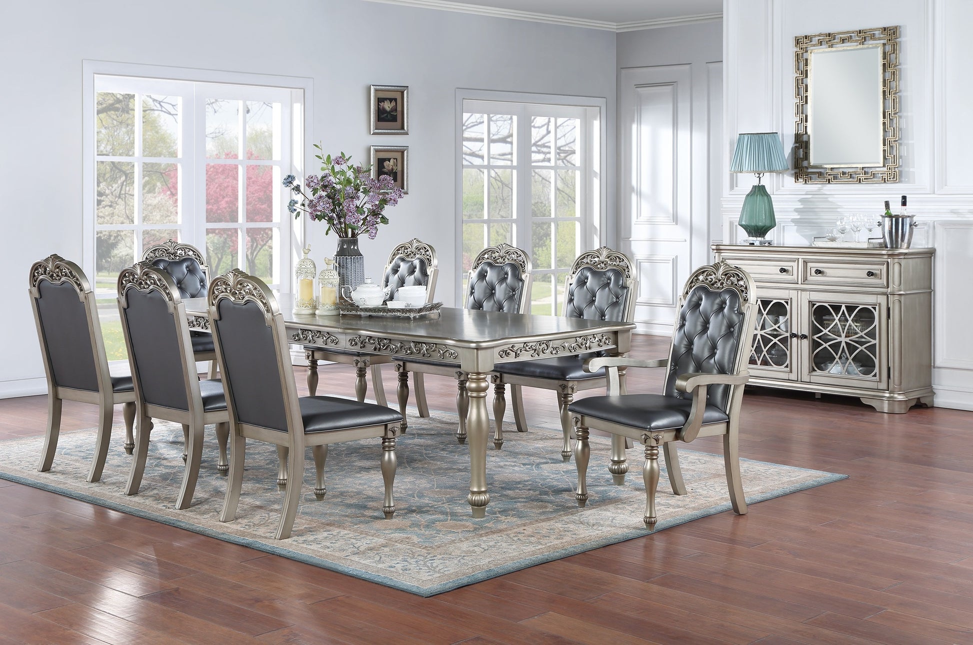 Traditional Silver Grey Finish 9Pc Dining Set Table W 2X Arm Chairs 6X Side Chairs Rubber Wood Intricate Design Tufted Back Cushion Seat Dining Room Furniture Gray Wood Dining Room Extendable Rubberwood Rectangular Dining Table With Chair Upholstered