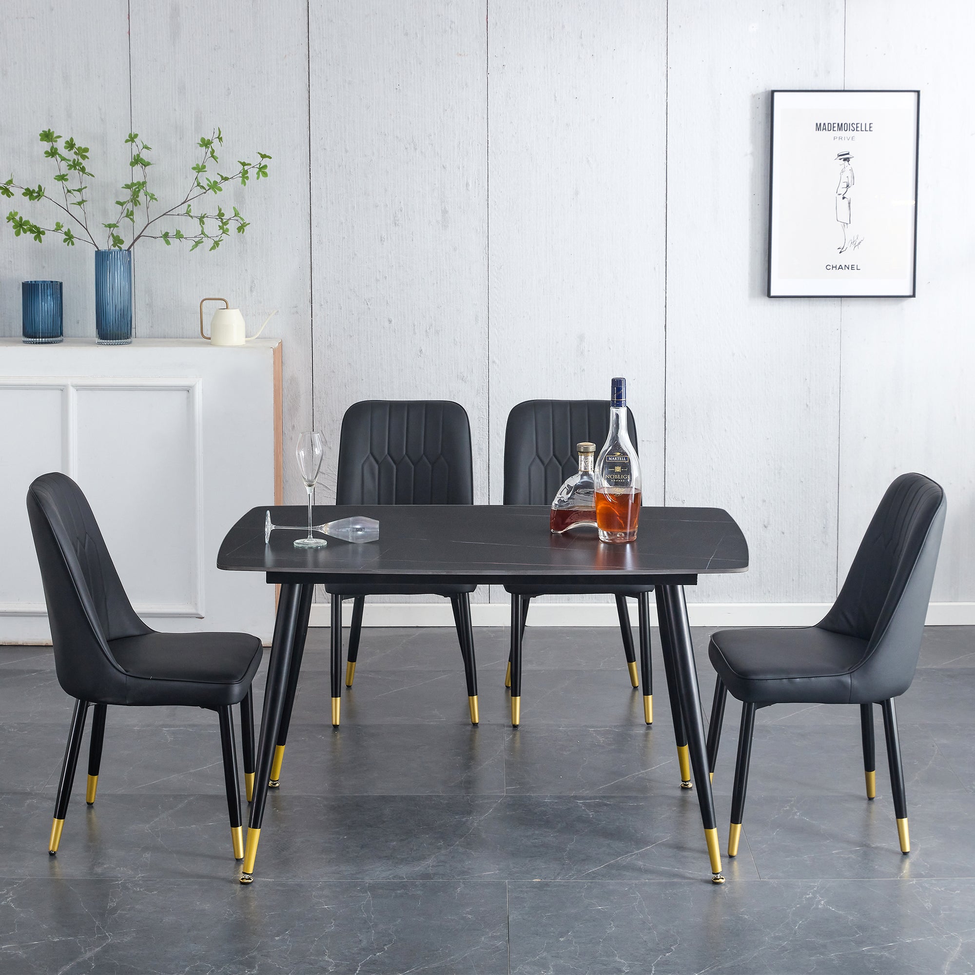 Table And Chair Set. Black Sintered Stone Tabletop With Black Metal Legs.Black Pu Leather Backrest And Black Metal Leg Chair. 1 Table And 4 Chairs F 001 C 007 Black Sintered Stone