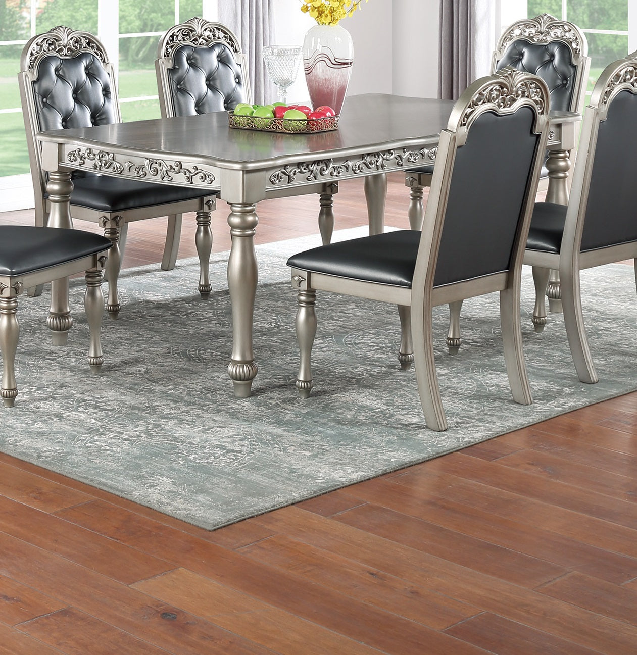 Traditional Formal Silver Grey Finish 7Pc Dining Set Table W 6X Side Chairs Rubber Wood Intricate Design Tufted Back Cushion Seat Dining Room Furniture Gray Wood Dining Room Rubberwood Rectangular Dining Table With Chair Upholstered Chair Wood Gray