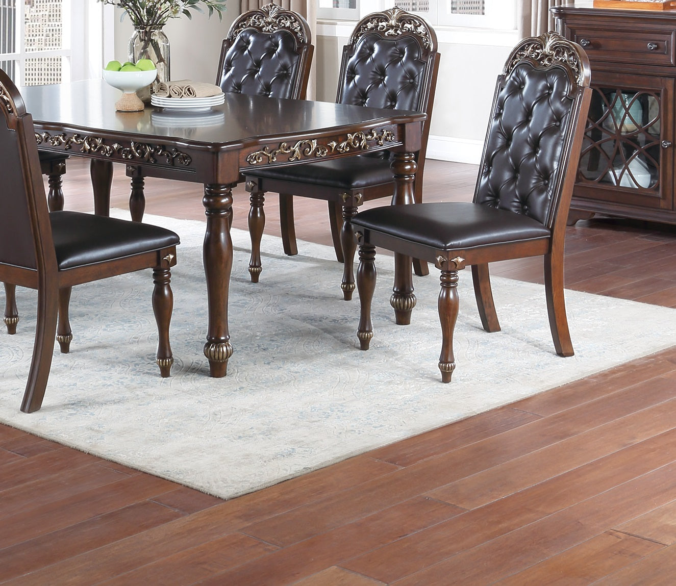 Traditional Formal Brown Finish 7Pc Dining Set Table W 6X Side Chairs Rubber Wood Intricate Design Tufted Back Cushion Seat Dining Room Furniture Brown Wood Dining Room Rubberwood Rectangular Dining Table With Chair Upholstered Chair Wood Brown Seats 6