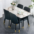 Table And Chair Set. Patterned Stone Burning Tabletop With Black Metal Legs. The Chair With Black Pu Artificial Leather Backrest Cushion And Black Metal Legs. 1 Table And 4 Chairs. 001 007 White Sintered Stone