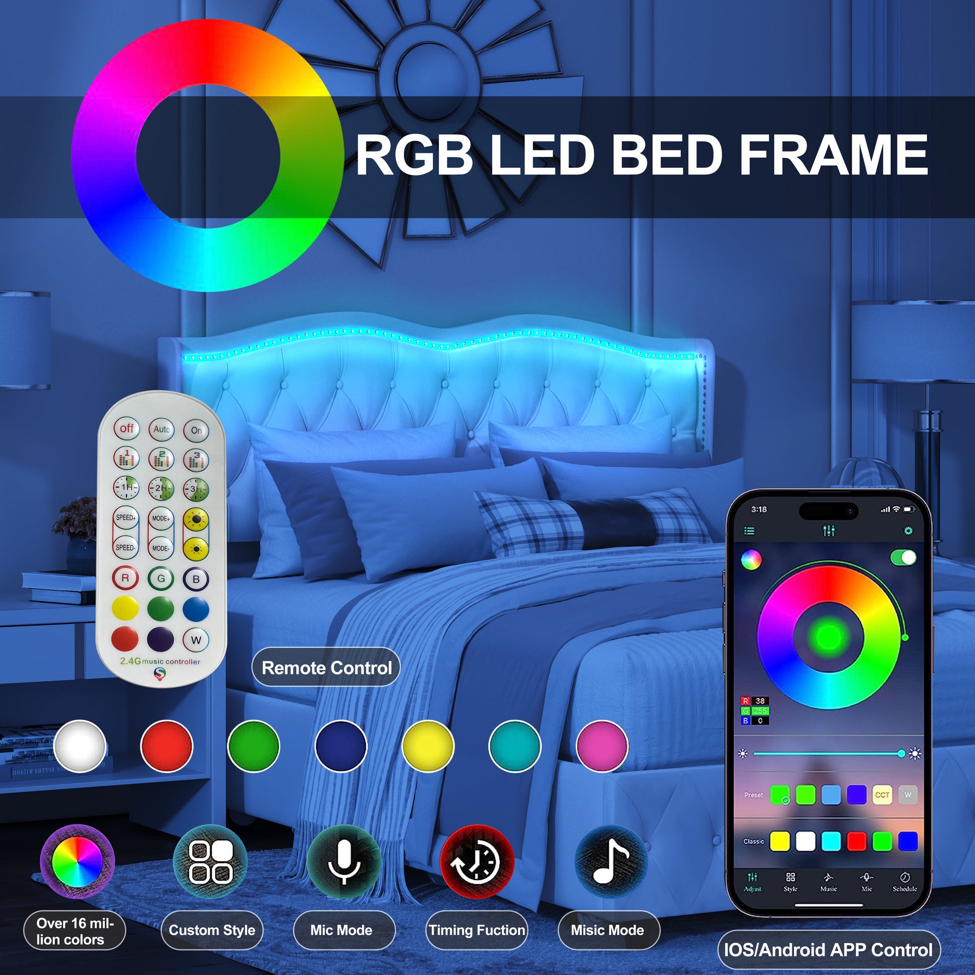 Queen Platform Bed Framevelvet Upholstered Bed With Deep Tufted Buttons And Trim, Adjustable Colorful Led Light Decorative Headboard, Bed Sides With Pull Out Storage 4 Drawers, Black Queen Black Velvet