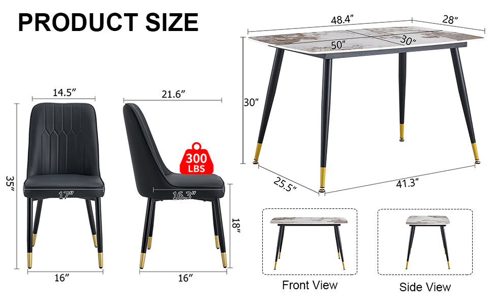 Table And Chair Set. Patterned Stone Burning Tabletop With Black Metal Legs. The Chair With Black Pu Artificial Leather Backrest Cushion And Black Metal Legs. 1 Table And 4 Chairs. 001 007 White Sintered Stone