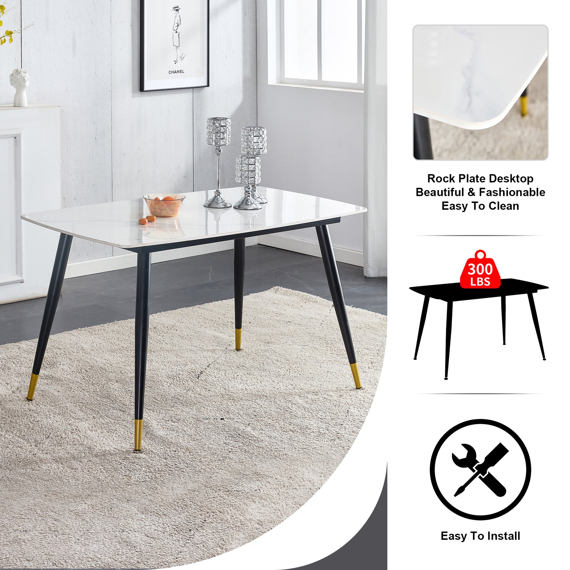 Table And Chair Set. White Imitation Marble Stone Tabletop With Black Metal Legs. Black Pu Leather Backrest And Black Metal Leg Chair. 1 Table And 4 Chairs F 001 C 007 White Sintered Stone