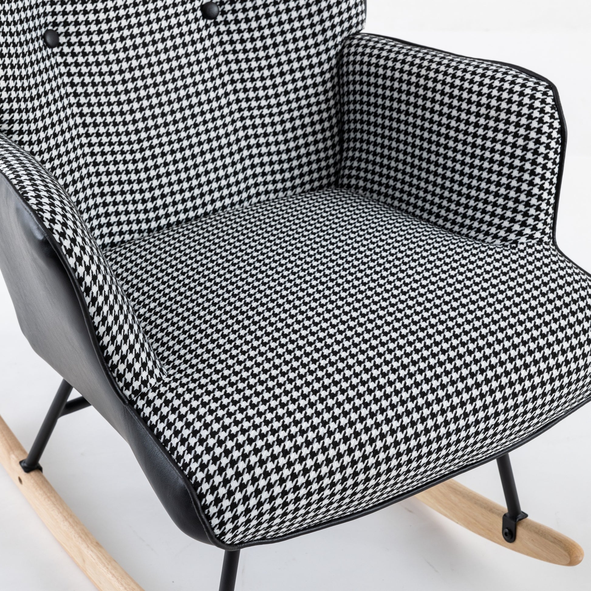 35.5 Inch Rocking Chair, Soft Houndstooth Fabric Leather Fabric Rocking Chair For Nursery, Comfy Wingback Glider Rocker With Safe Solid Wood Base For Living Room Bedroom Balcony Black Black White Casual Foam Cotton Linen