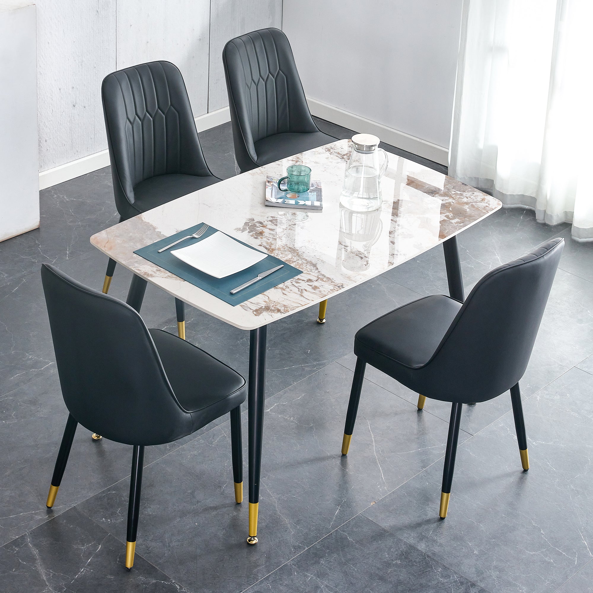 Table And Chair Set. Patterned Stone Burning Tabletop With Black Metal Legs. The Chair With Black Pu Artificial Leather Backrest Cushion And Black Metal Legs. 1 Table And 4 Chairs. 001 007 White Sintered Stone