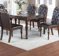 Traditional Formal Brown Finish 7Pc Dining Set Table W 6X Side Chairs Rubber Wood Intricate Design Tufted Back Cushion Seat Dining Room Furniture Brown Wood Dining Room Rubberwood Rectangular Dining Table With Chair Upholstered Chair Wood Brown Seats 6