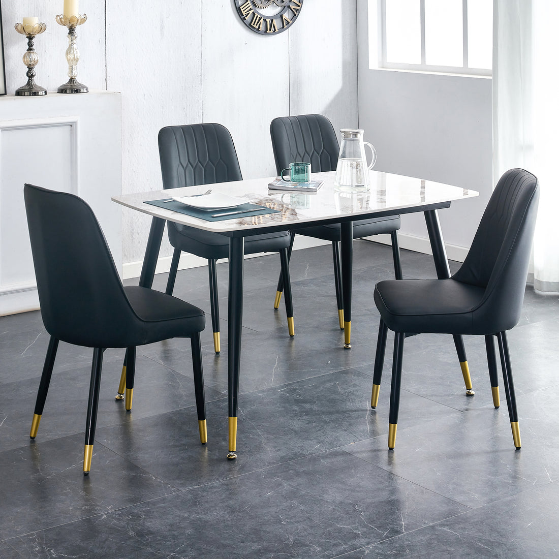 Table And Chair Set. Patterned Stone Burning Tabletop With Black Metal Legs. The Chair With Black Pu Artificial Leather Backrest Cushion And Black Metal Legs. 1 Table And 4 Chairs. 001 007 White Sintered Stone